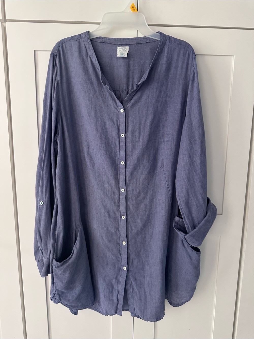 Sigrid Olsen Relaxed Slate Blue Button-Down Tunic Shirt, Linen . XL